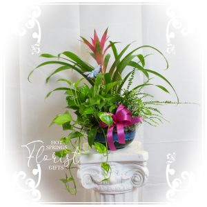 A potted tropical plant arrangement with a pink ribbon on a white pedestal.