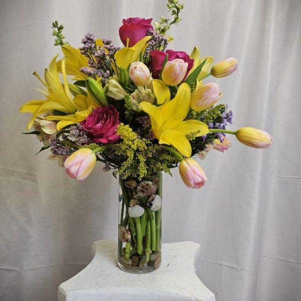 Pink Tulips, Yellow Asiatic and Hot Pink Roses
