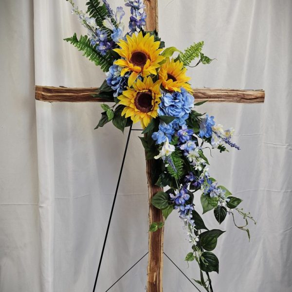 Wooden Cross & Silk Flowers Easel