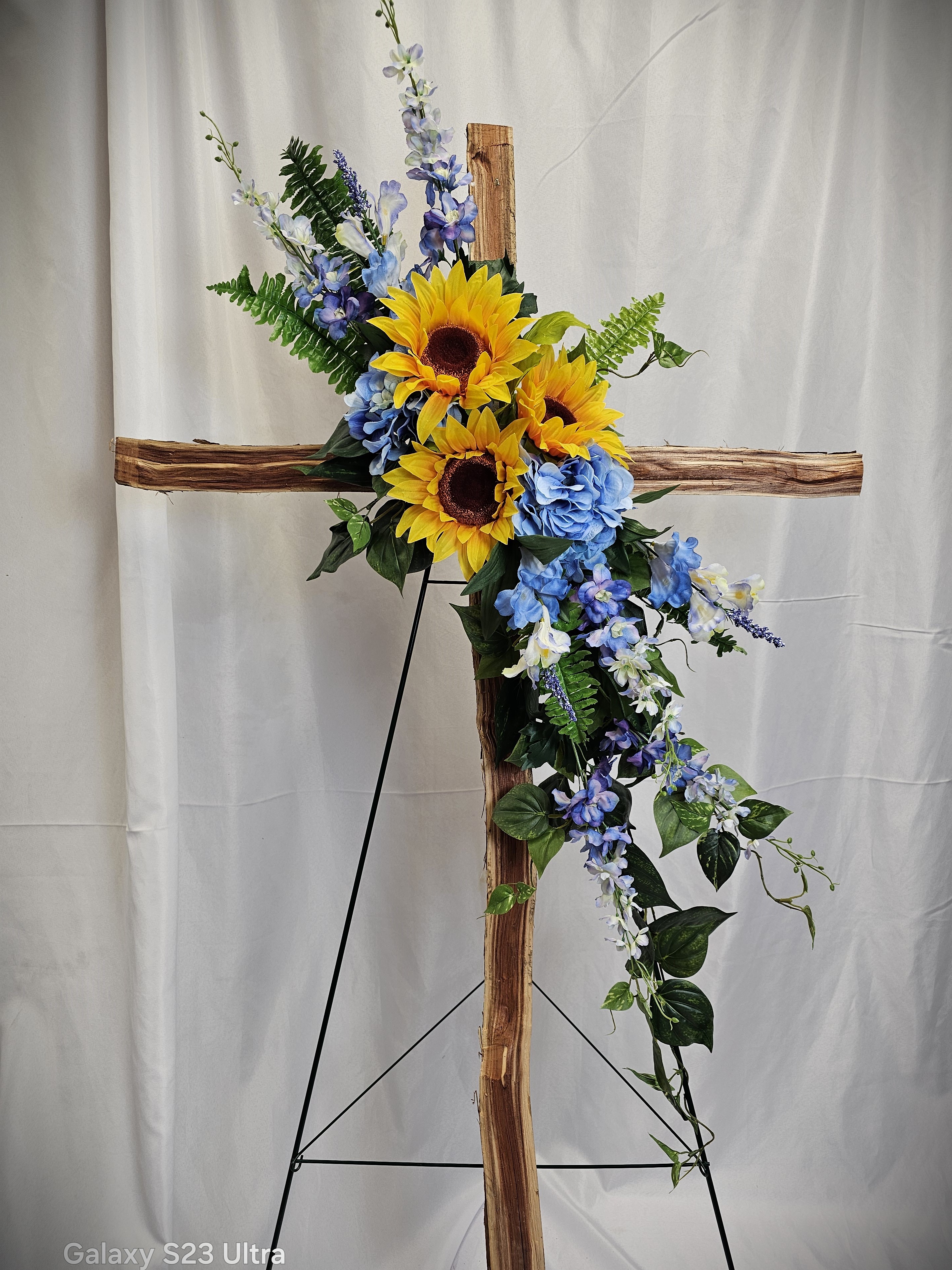 Wooden Cross & Silk Flowers Easel