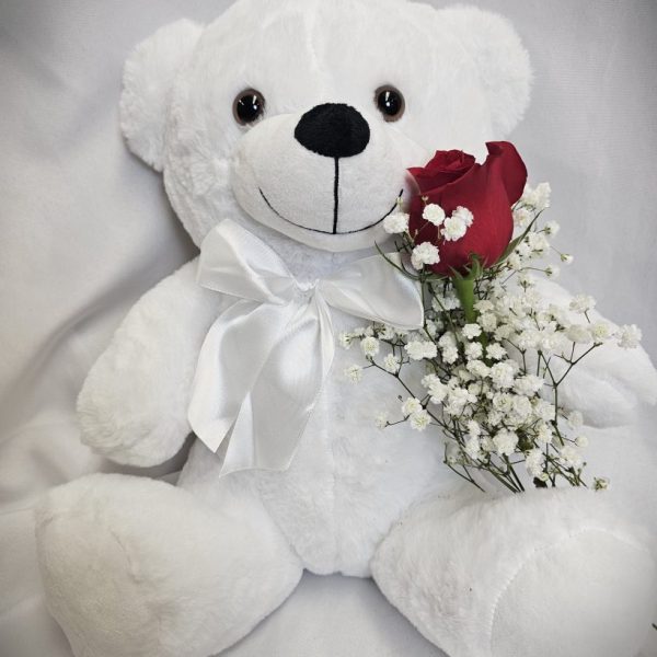 White Teddy Bear with Rose